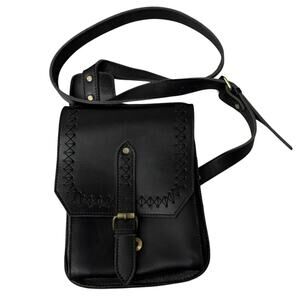 Stanley Street Leather Saddle Bag Purse Crossbody Black Brass Buckles Womens